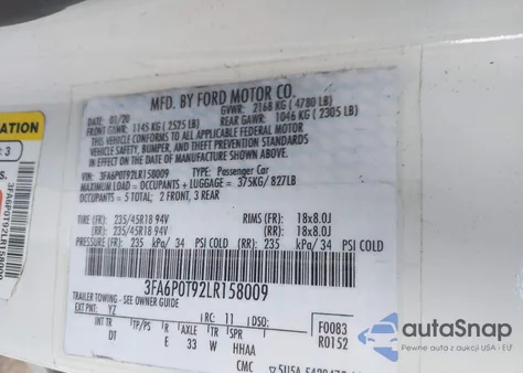 2020 Ford Fusion Se из США, поврежденный, VIN 3FA6P0T92LR158009